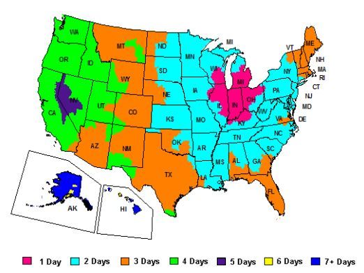 FedEx Ground Shipping From Indiana Ground Shipping Estimates From Indiana On A U.S. Map